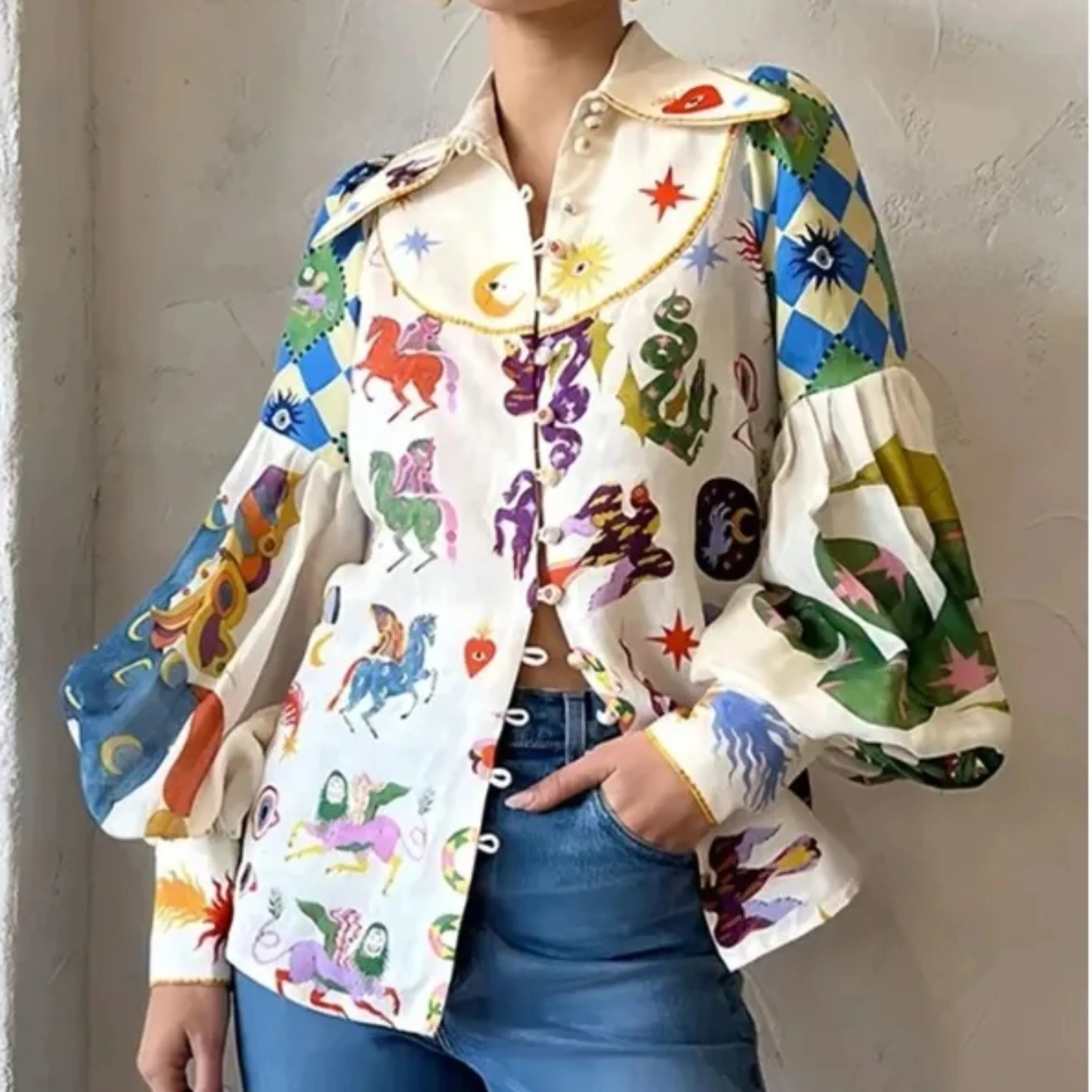 

Women's Print Shirt Turn-down Collar Single Breasted Puff Long Sleeve Shirts 2023 Autumn Chic Office Lady Blusa Feminina Tops