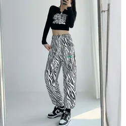 Spicy Girl Zebra Pattern Women's 2024 Summer Spliced High Waist Slimming Drawstring Pocket Loose Minimalist Casual Harlan Pants