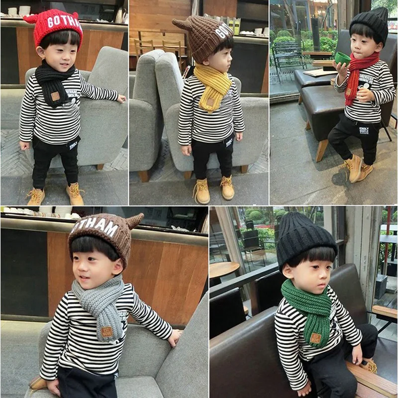 Winter Baby Scarfs Knitted Kids Neck Warmer Leather Lable Cross Children Boys Girls Scarves Baby Accessories 9*110cm