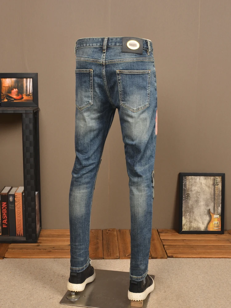 Fashion Striped Letter Patchwork Jeans Men Casual Blue Slim Fit Straight Pants Streetwear Patches Denim Trousers