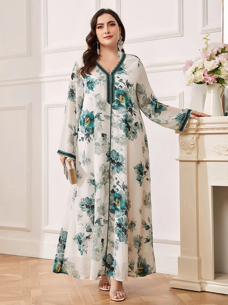 

Plus Size 4XL Evening Dress For Women 2024 New Ramadan Eid Mubarak Chiffon Print Abaya Dubai Turkey Islam Muslim Dress Ramadan