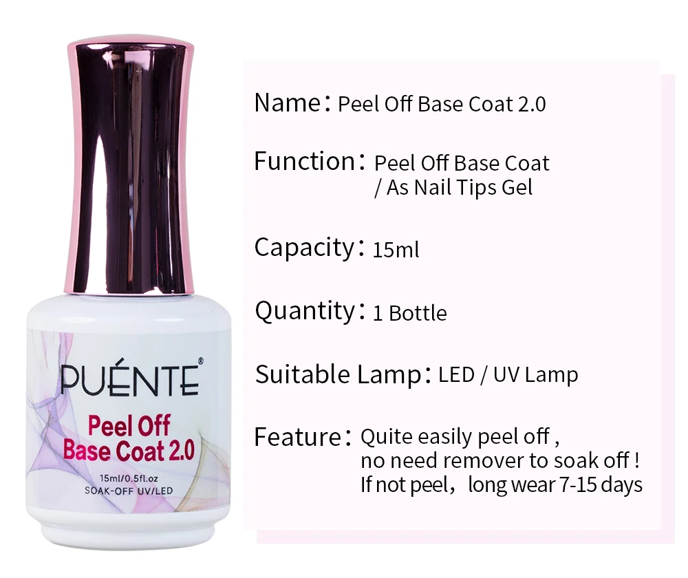 Description Picture 3 of itemPUENTE New 15ML Peel Off Base Coat Clear Function UV Nail Gel No Need Remover Peelable Varnish Nail Tips Glue Gel No Hurt Nails