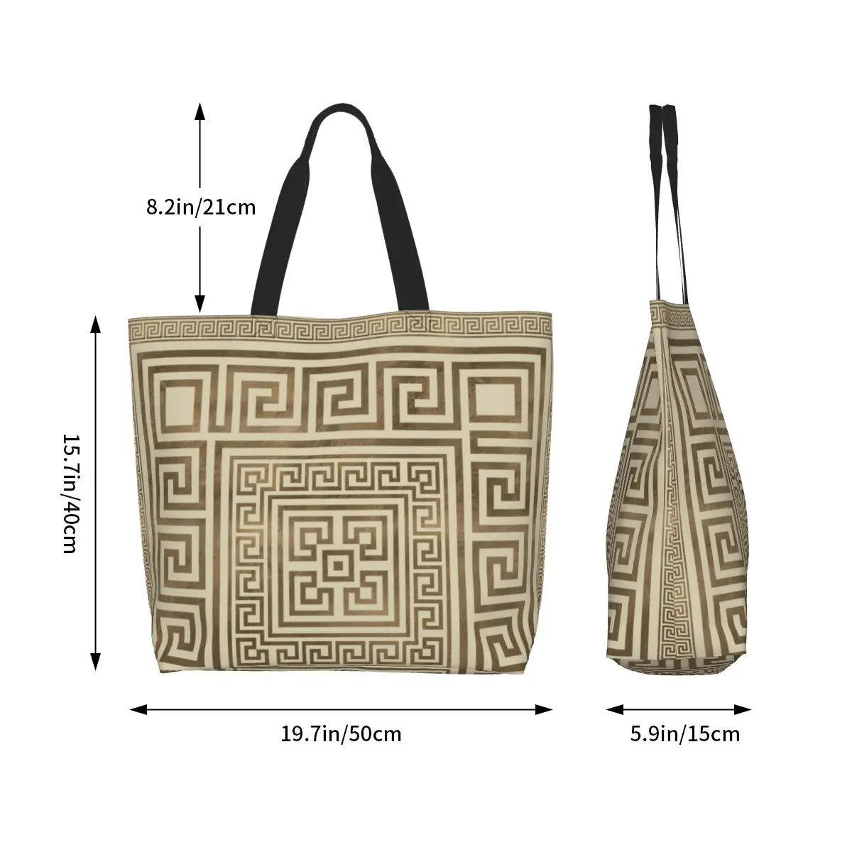 Fashion Print Greek Key Ornament Tote Shopping Bags Washable Canvas Shopper Shoulder Greek Meander Pastel Gold Handbag