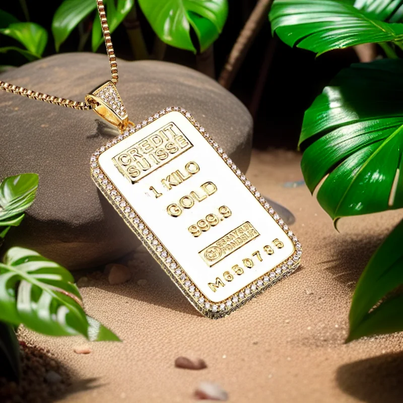 VANAXIN RectangleCoin Credit Suisse Bullion Bar Ingot Badge Pendants Necklace For Men Plated GoldHip Hop Brass Jewelry 6