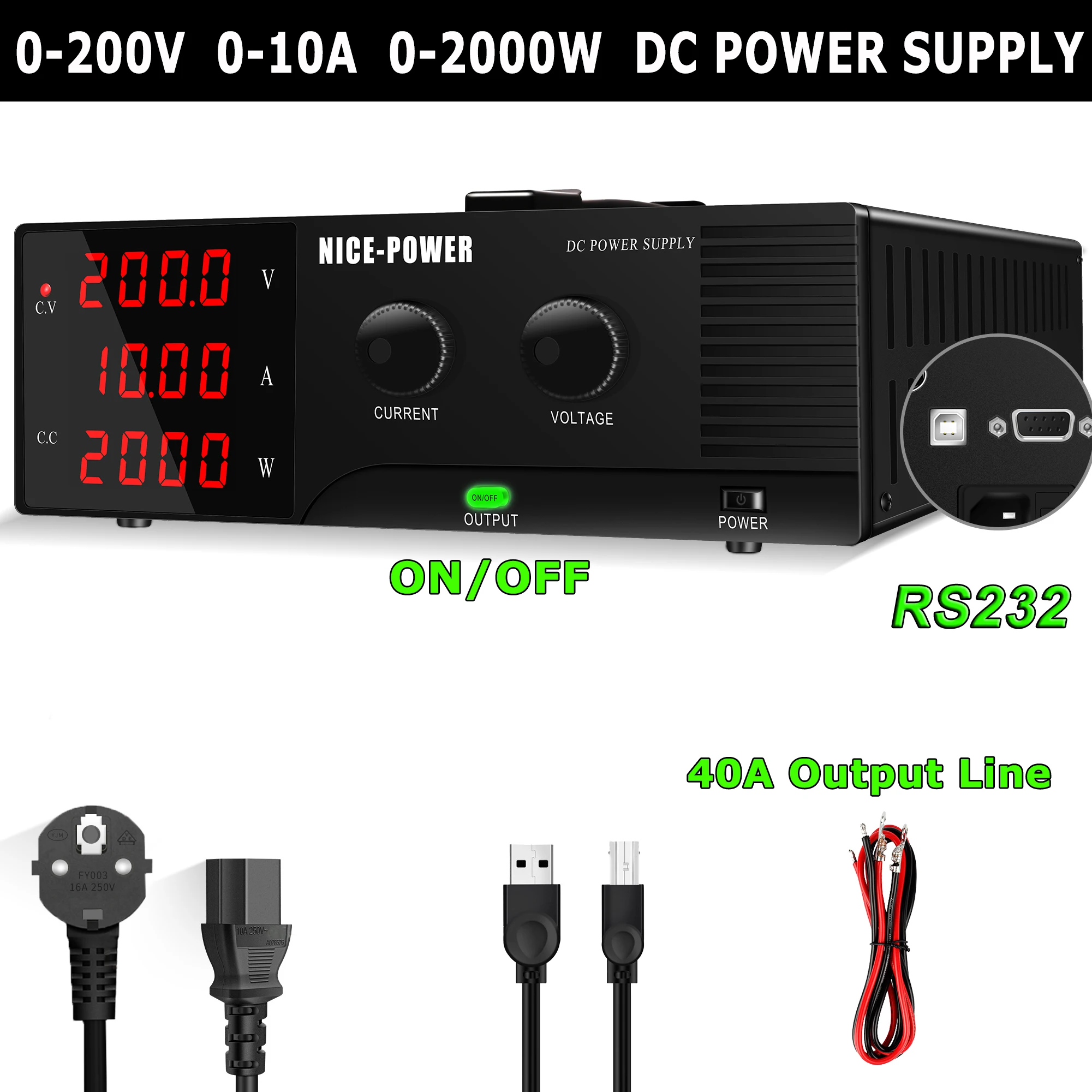 Импульсный источник питания постоянного тока NICE-POWER 200 в, 10 А, 60 В, 20 А, регулируемый лабораторный настольный источник питания, регулятор напряжения 1200 Вт, 2000 Вт