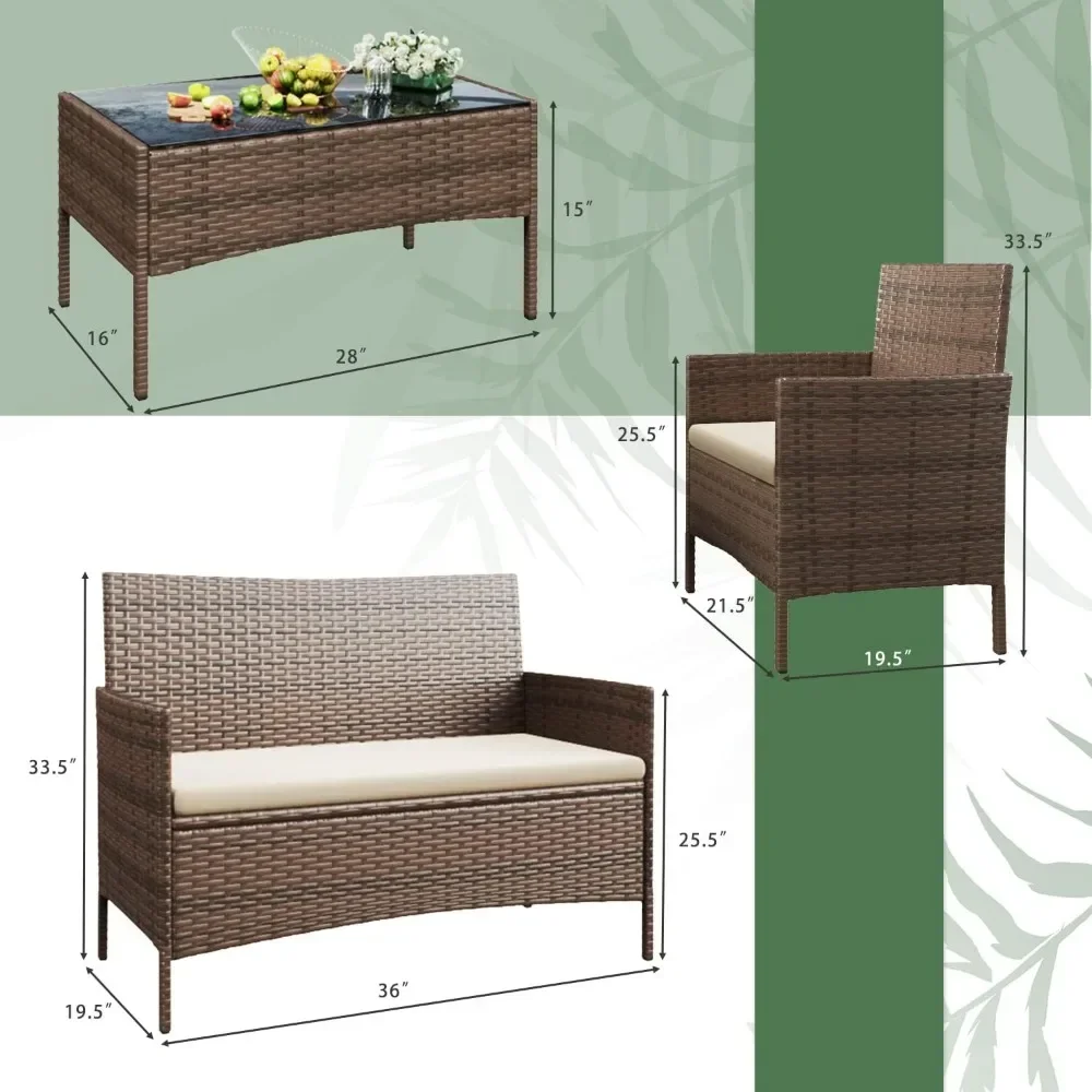 Outdoor Sofa Set of 4 with Soft Cushion and Glass Table Patio Furniture 4 Pieces Conversation Set Outdoor Wicker Rattan Chairs outdoor sofa set
