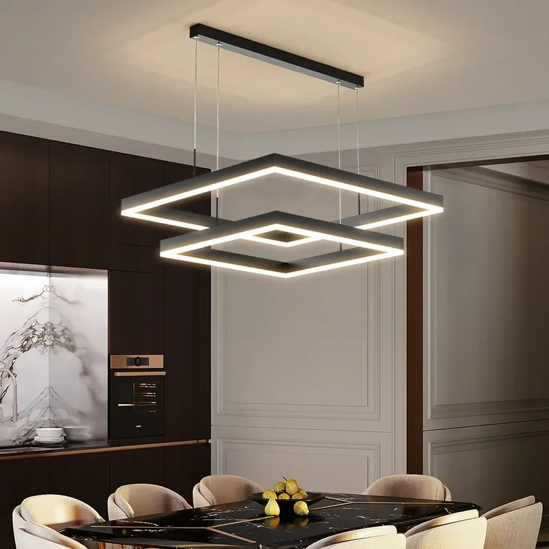 모던 LED 스퀘어 펜던트 조명, 조도 조절, 블랙, 침실 테이블, 다이닝 룸, 주방, 아일랜드, 홈 데코, 광택 고정장치