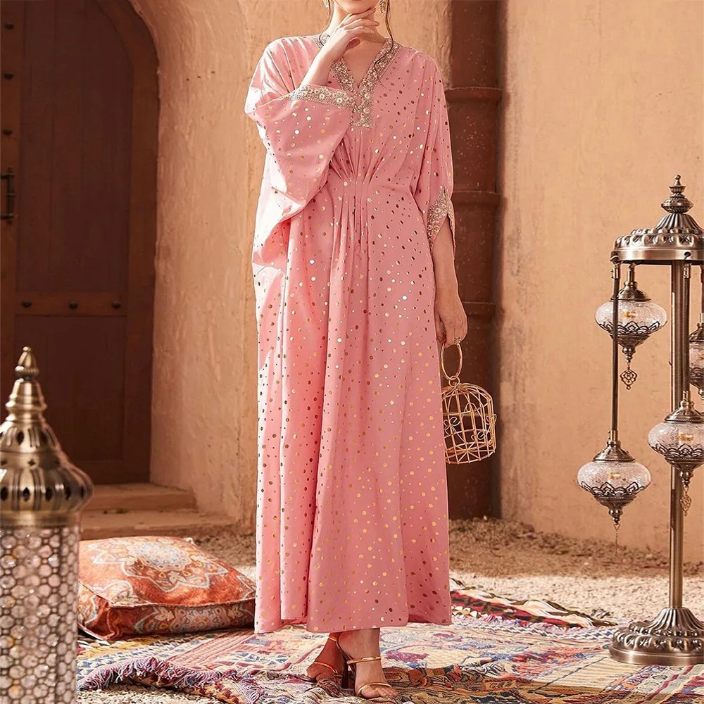 

Summer Kaftan Moroccan Caftan Muslim Women Loose Maxi Dress Polka Dot Print Abaya Dubai Party Gown Islamic Clothing Robe Caftan