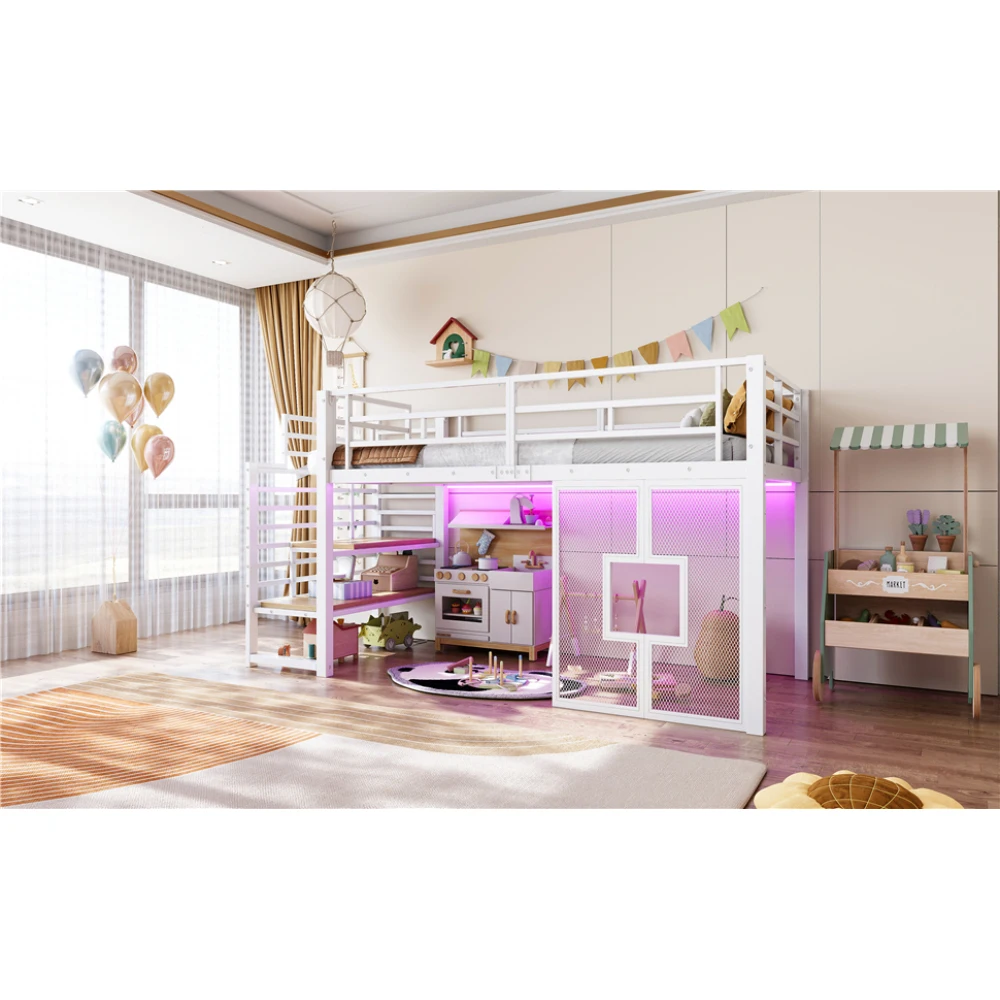 90x200cm Metall-Hochbettgestell mit Treppe, Stauraum, Babybett mit LED-Beleuchtung und Fenstern, Kinder-Etagenbett, Schwarz/Weiß – Detail 40