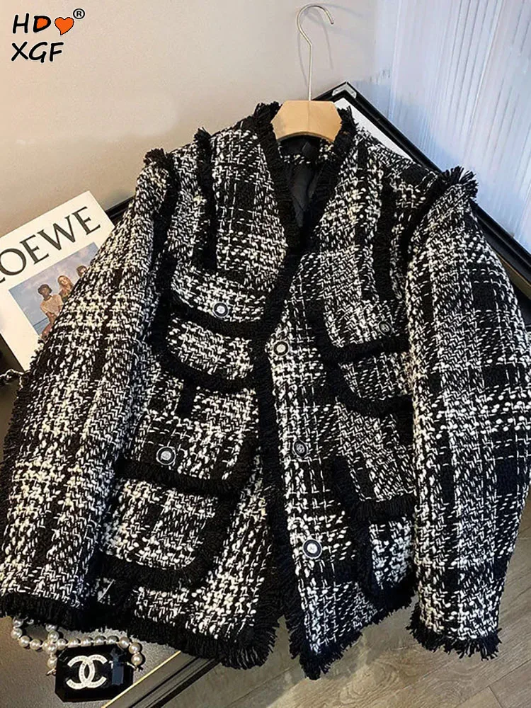 

Vintage V-neck Plaid Fringed Single Breasted Pocket Patchwork Elegant Luxury Jacket Tops New Spring Women Fashion All-match Coat