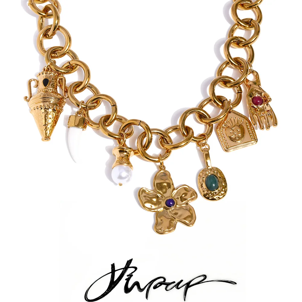Yhpup Arrival Stainless Steel Vintage Palm Kettle Flower Drop Statement Necklace