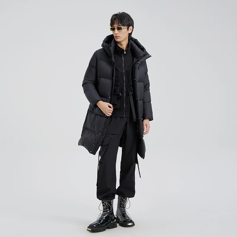 Chericom New Men's Winter Down Jacket Long Thickened Goose Down Warm Padded Coat Hooded Solid Loose Puffer Jacket 299635