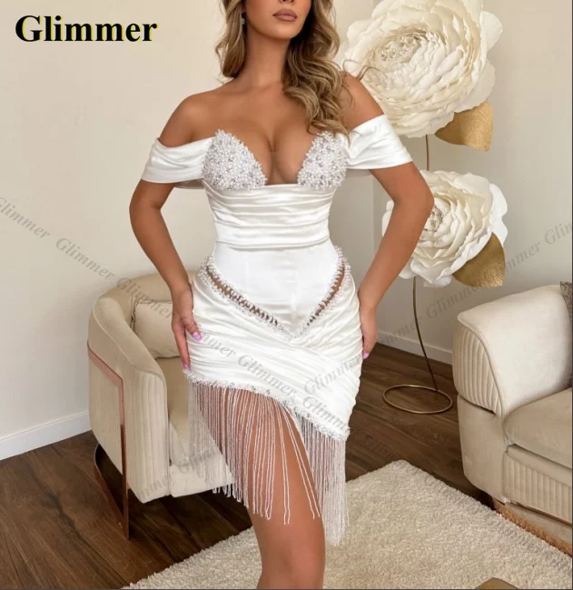Cocktail Dresses Tassel Off the Shoulder Tassles Prom Dresses Sweetheart Pleat Glimmer Chic Pearls Vestidos De Gala Customised prom dresses prom dress