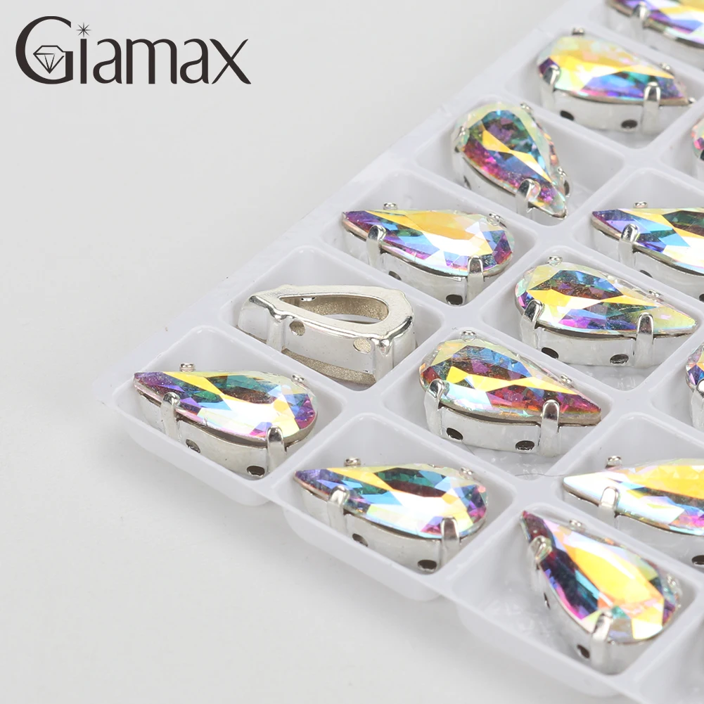 Giamax 눈물 드롭 유리 크리스탈 바느질 돌 라인 석에 바느질 골드 실버 클로 라인 석 의류 의류 가방
