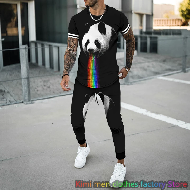 Men tshirt set Summer Streetswear Tracksuits Male Short Sleeve T Shirt Long Pants 2 Piece Sets Casual Suit Cute animal 3D Print adagirl kawaii star print wide leg jeans women cute straight long denimtrousers korean blue casual hollow out design bottoms new