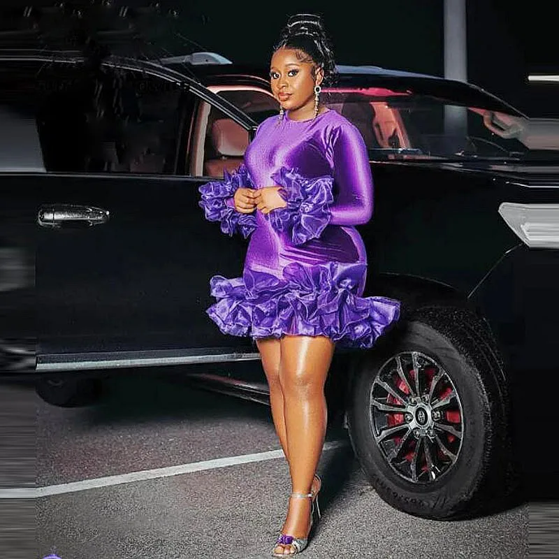 Purple Velvet Short Cocktail Dresses Ruffles Tiered Mini Aso Ebi Birthday Party  Dress With Long Sleeves robes de cocktail - AliExpress 320