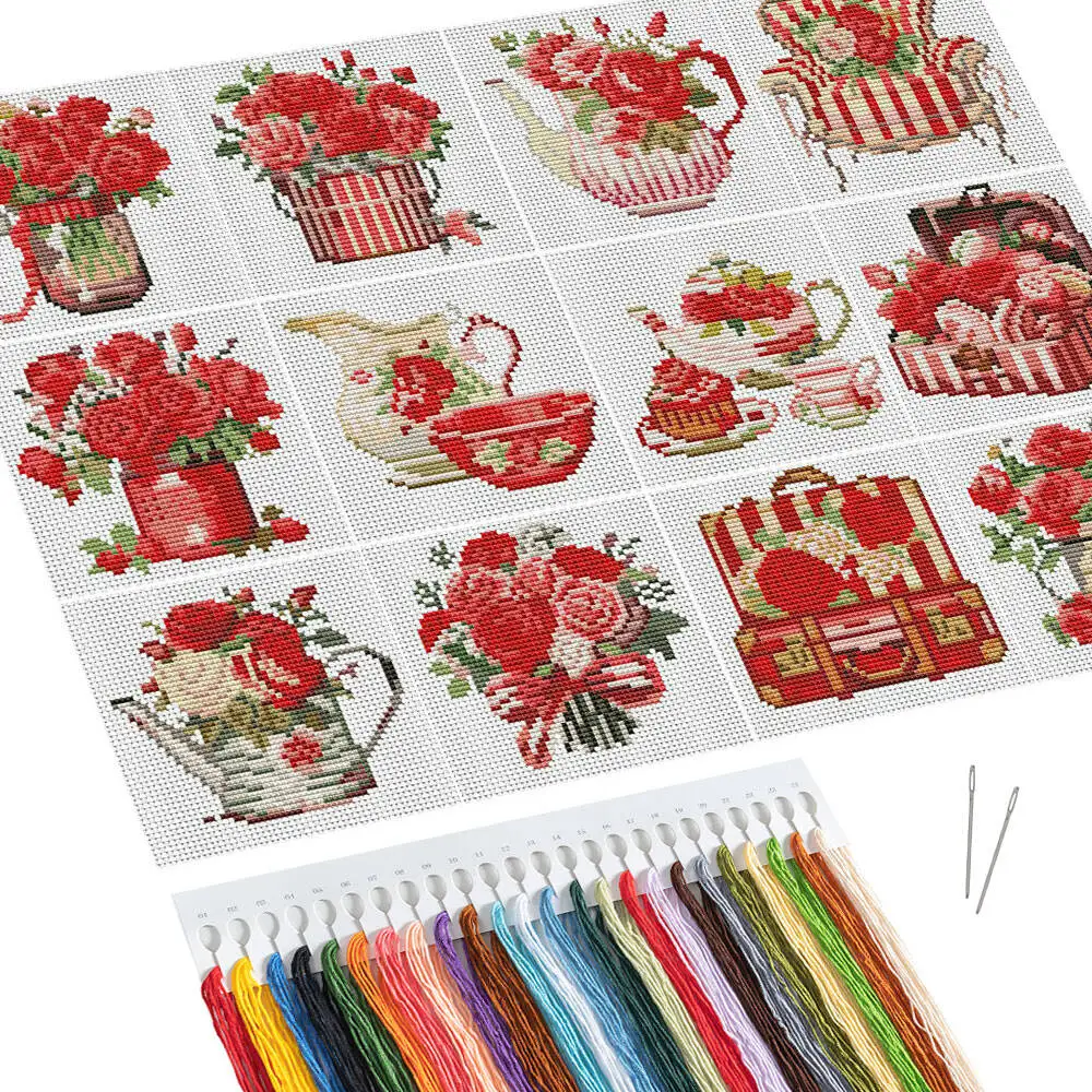 12pcs Rose Cross Stitch Flower Embroidery Needlework Cotton Thread Bedroom Decoration Handmade Gift