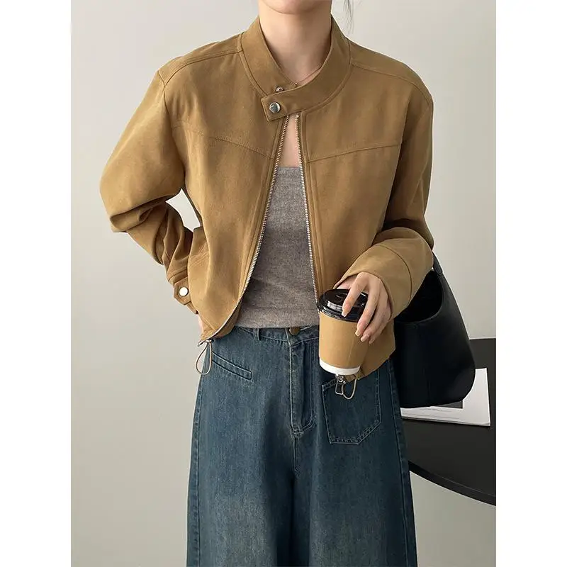 

2023 Autumn Women's Jackets Stand Collar Suede Zipper Short Jacket American Retro Loose Casual Jacket Tops