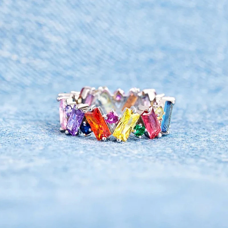 Huitan Irregualr Design Colorful CZ Women Rings Gold Color/Silver Color Geometric CZ Rainbow Rings Luxury Trendy Jewelry