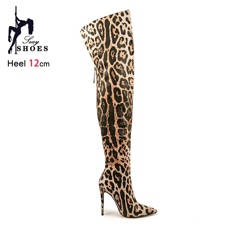 12CM Stiletto Heels Sexy Leopard print Women Pointed Toe Thigh High Boots Plus Size 46 47 Over-the-Knee Long Boots Female Shoes