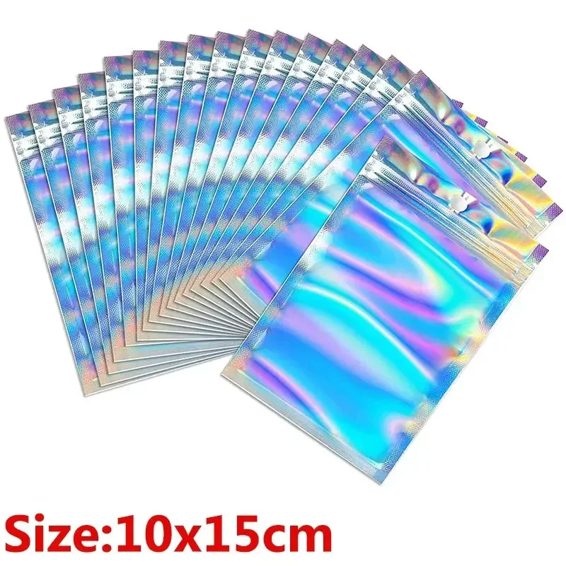 thumbnail image 1 of Bolsas autosellables con láser, con cierre automático, para pequeñas empresas, sobres holográficos, de plástico transparente, planas, para almacenar dulces, joyas y alimentos, 1 of 5