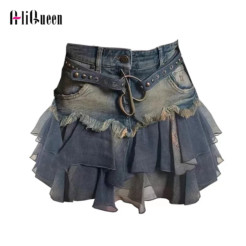 

Summer Women High Waist Streetwear Chiffon Layers Ruffles Patchwork Mini Denim Skirt Harajuku Retro Ragged Edge Jeans Skirts