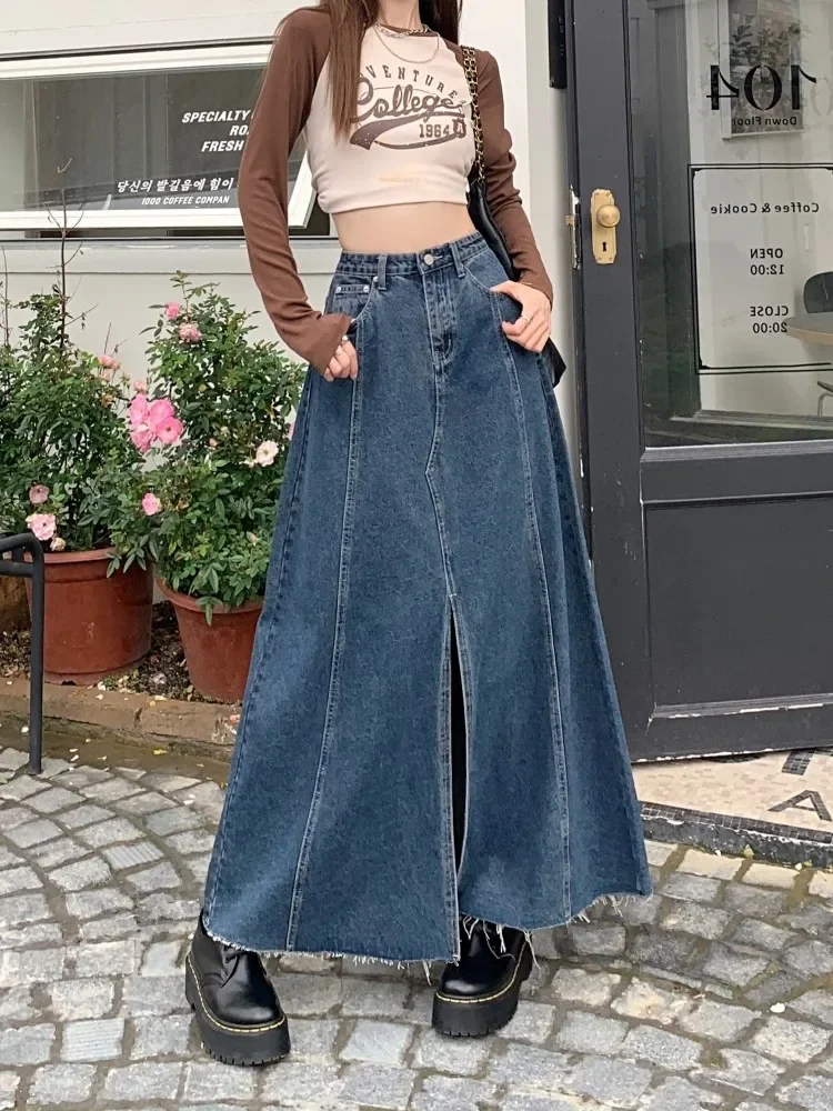 

2023 New Vintage Simple Commuting Blue A-line Split Bottom Denim Long Skirt Loose High Waist Women's Denim Half Skirt