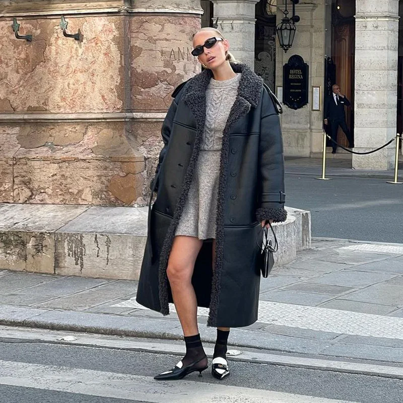 Fashion Lamb Wool PU Leather Long Jacket Women With Belt Patchwork Lapel Pocket Oversize Overcoat Winter Warm Thick Outwear