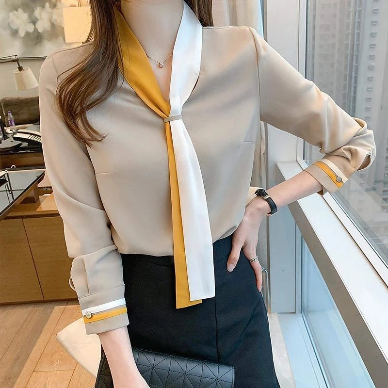 New Autumn Women's Clothing Retro Chiffon V-neck Office Shirt Color Matching Elegant Tie Decorative Casual Blouse Blusas Mujer