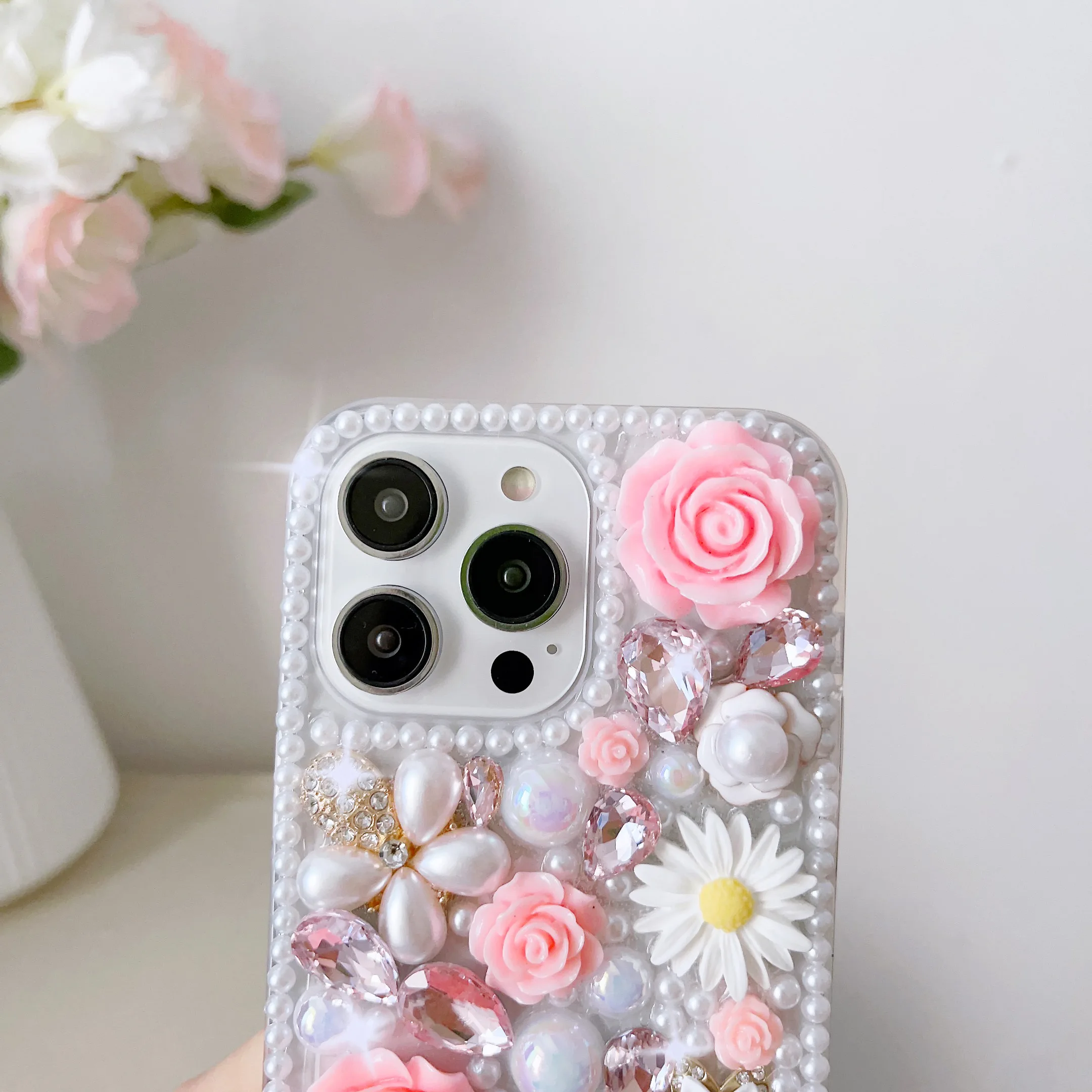 16 Pro Max Bling Cell Phone Case with Rose Flower, 3D Diamond