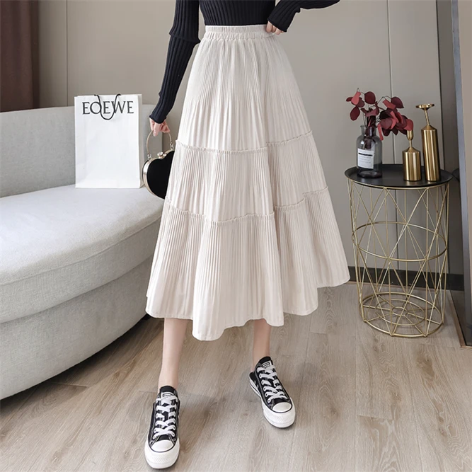 Autumn  Winter 2021 Woman Half Length Golden Velvet Cake Skirt Pleated High Waist Slim Casual Girl A-line Skirt Black crop top and skirt Skirts