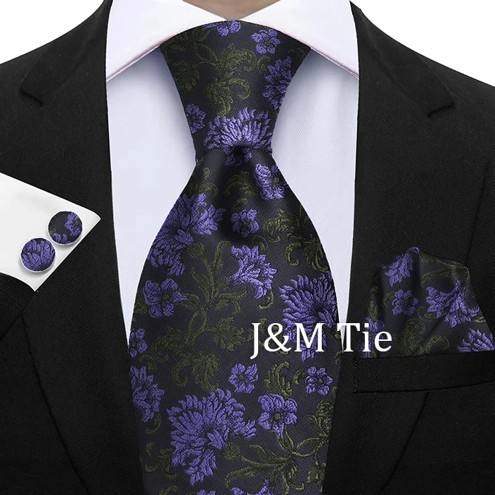 Hochwertiges 3-teiliges Krawattenset mit Blumenmuster – Krawatte aus Polyester-Seide, Einstecktuch und Manschettenknöpfe – elegant für Hochzeiten und formelle Anlässe – Detail 26