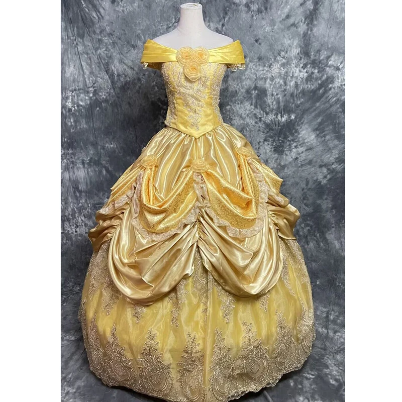 

New Arrival Luxury Princess Dress Halloween Carnival Party Belle Dress Cosplay Costume Lace Up Yellow Fancy Dress