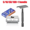 1 Pcs Shaving Razor + 5/10/50/100 Pcs Manual Shaver for Men Barbershop Razor Stainless Steel Shank Is Easy To Use Safety Razor 1
