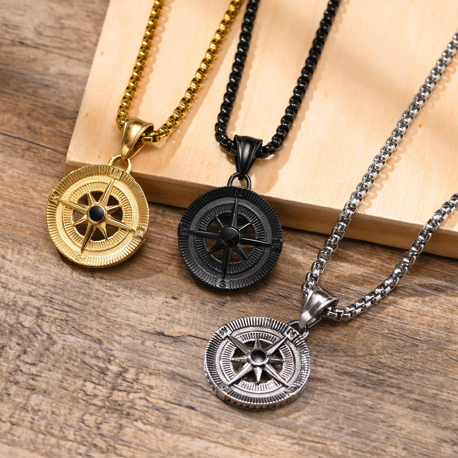 Mens Compass Pendant Necklaces with Center North Star
