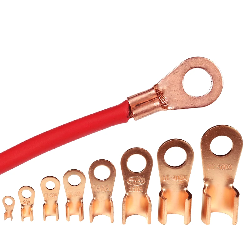 Copper OT Terminal 10/50PCS Non-Insulated Wire Connector Bare Electrical Cable Terminals Lug Battery Ring Crimp Terminal 10-100A