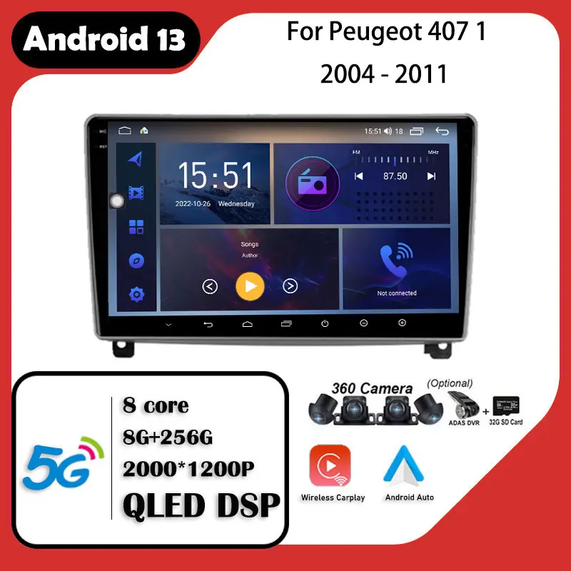 

QLED Touth Screen Android 13 For Peugeot 407 1 2004 - 2011 Wireless Carplay Car Video Radio Multimedia Player GPS Navigation RDS