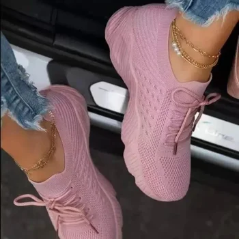 Women's Casual Knit Sneakers Breathable Mesh Slip on Lace Up Chunky Platform Comfort Outdoor Everyday Walking Shoes for Ladies