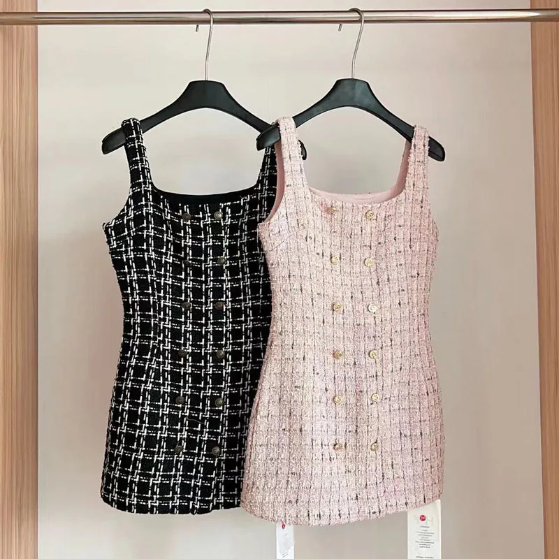 

Small Fragrance Sleeveless Bodycon Dress 2024 Spring Women Gold Buttons Slim Waist Sexy Vintage Tweed Female Vest Dresses