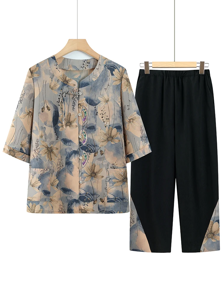여름 엄마 패셔너블 스타일 작은 사이즈 셔츠 노인 여성 의류 티셔츠 와이드 레이디 할머니 옷 투피스 세트 캐주얼 루즈핏 자수 나인피스 바지 폴리에스터 섬유 오픈 가디건 얇은 모델 중국산