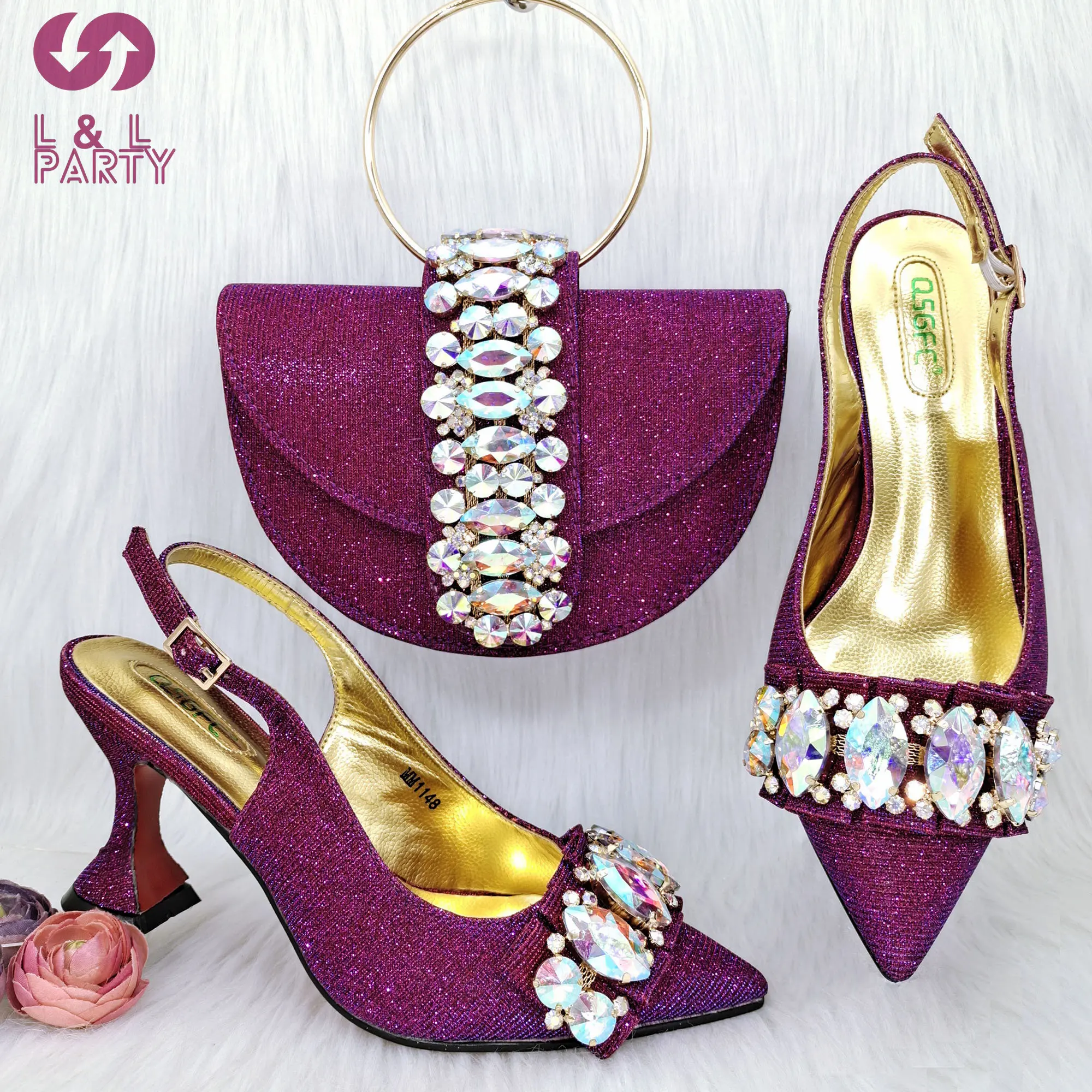 

2023 Mature Magenta Color New Coming African Women Shoes Matching Bag Set with Shinning Crystal with Thin Heels for Garden Party