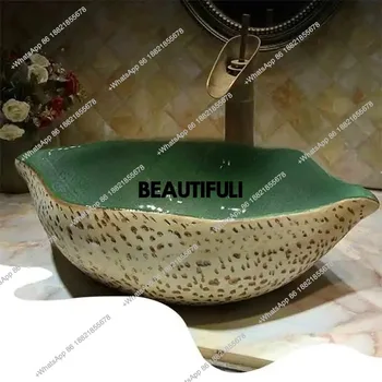 อ่างล้างหน้าเซรามิคทรงใบไม้สไตล์จีนโบราณ อ่างล้างมือแบบตั้งบนเคาน์เตอร์สำหรับระเบียง ดีไซน์โดดเด่น 1