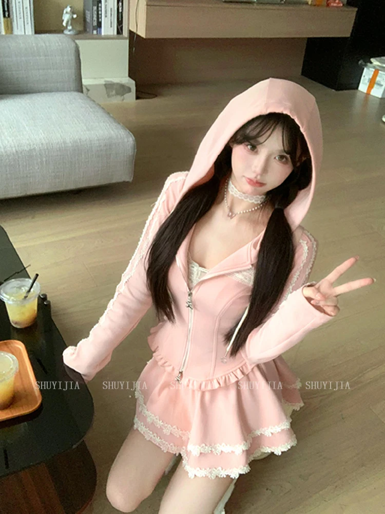 Conjunto de chándal de 2 piezas Y2K para mujer, con capucha y cremallera, abrigo ajustado con retazos de encaje y volantes, minifalda, moda coreana de otoño, conjuntos sólidos