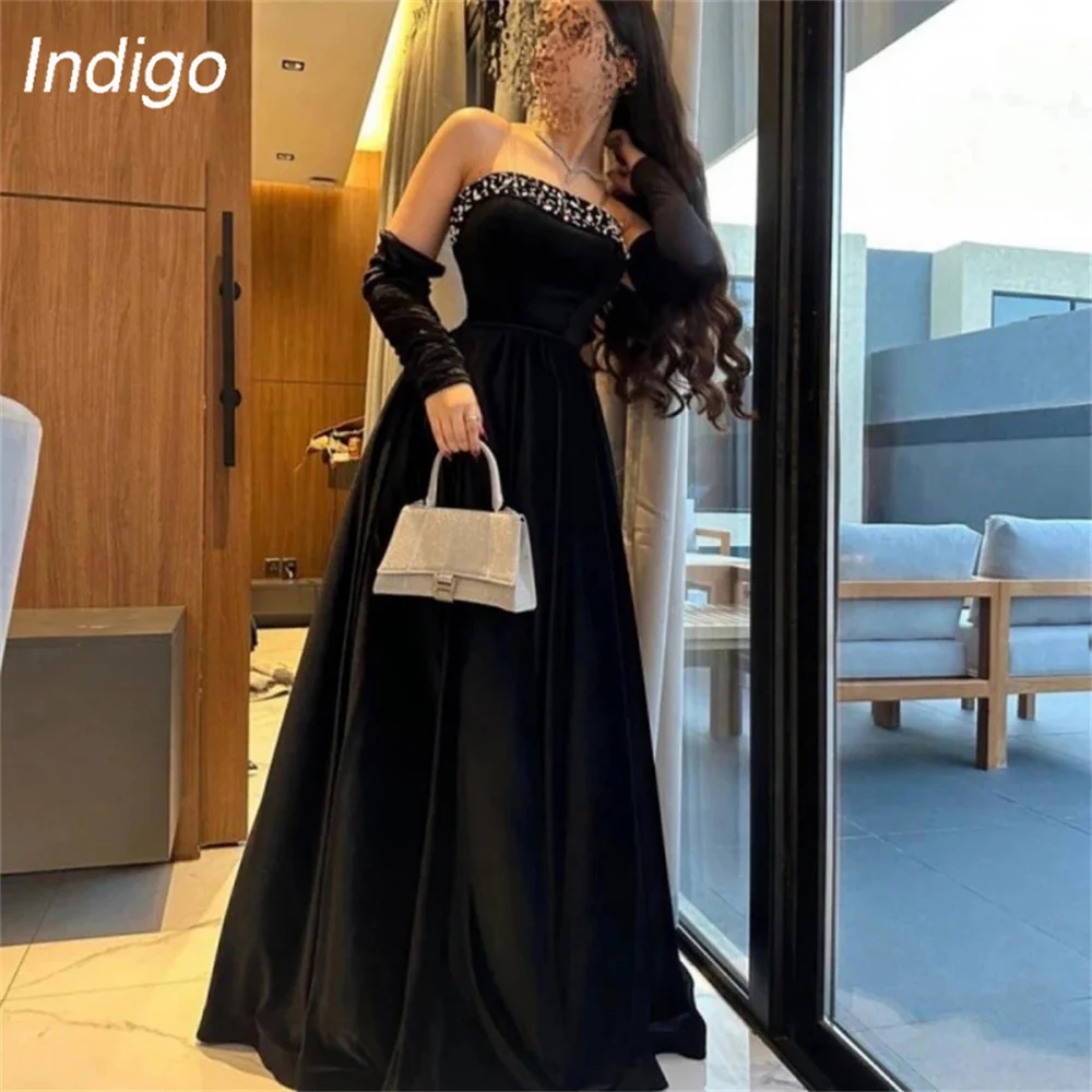 indigo prom dresses mermaid 2024 o neck long sleeve pleat ankle length satin elegant formal evening gown for women فساتين الس Indigo Prom Dress A-Line Strapless Beading Half Sleeve Floor-Length Satin Rhinestone Elegant Evening Gowns For Women فساتين الس