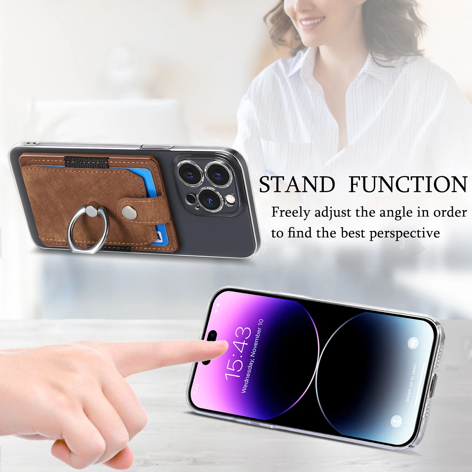 Universal PU Leather Phone Wallet Case with Card Slot and Ring Stand Attachment