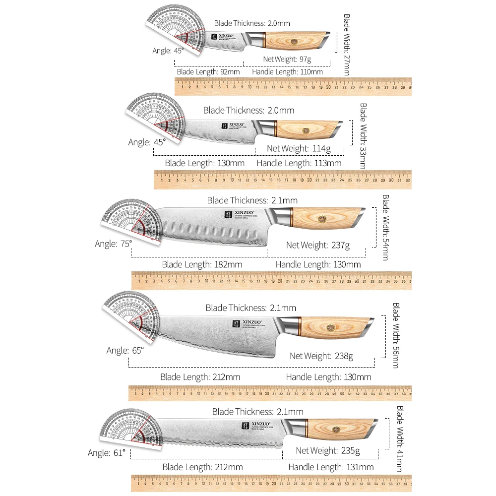 XINZUO 1-5pcs Knife Set Pakkawood Handle Nails 3-layer Clad Steel