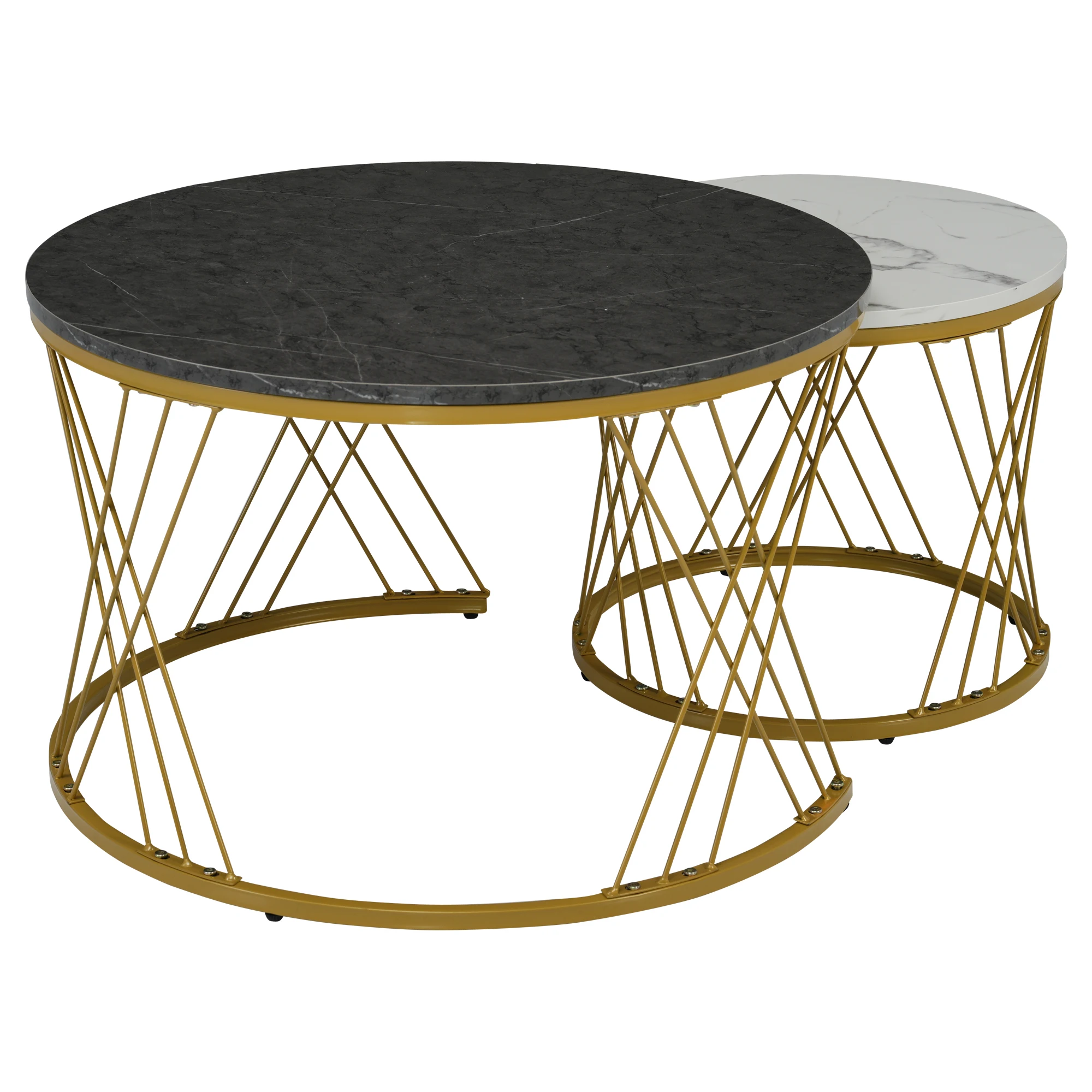 (WF300416AAA) Modernes Satztisch-Set – Sofa-Beistelltische mit Marmorfurnier, runde Beistelltische (2er-Set) mit Goldakzenten – Detail 9
