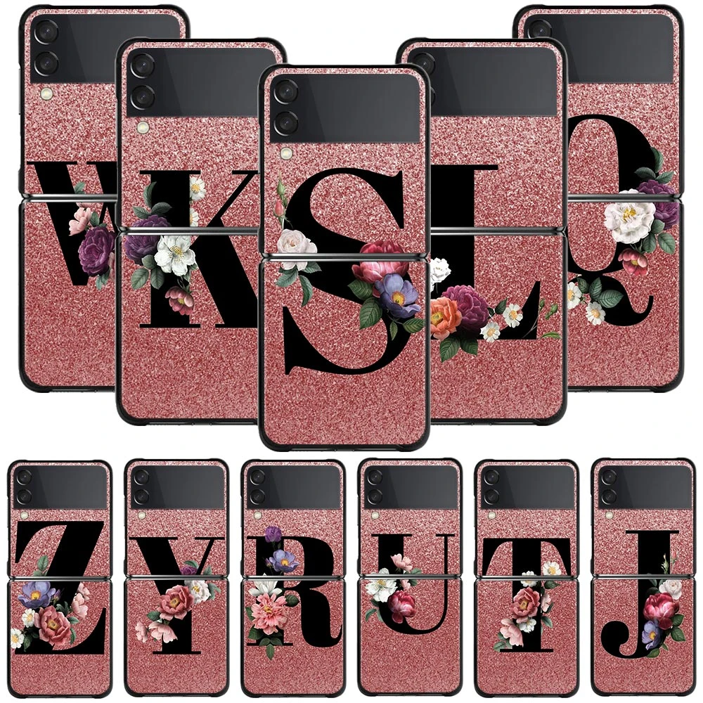 Phone Case For Samsung Galaxy Z Flip3 5G ZFlip z flip 3 ZF3 PC Shell Black Hard Smartphone Coque Floral letter pink samsung z flip3 case