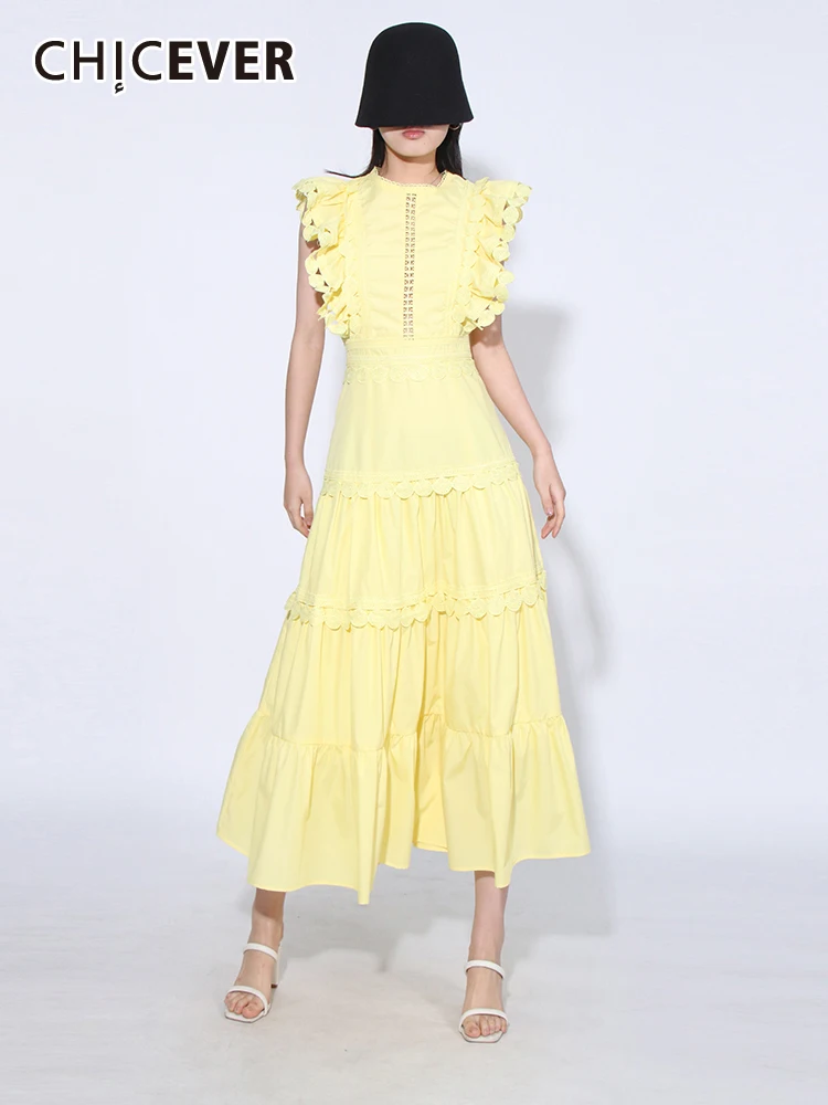 

CHICEVER Patchwork Ruffles Dresses For Women Round Neck Ruffled Sleeve High Waist Solid Folds A Line Summer Long Dress Female