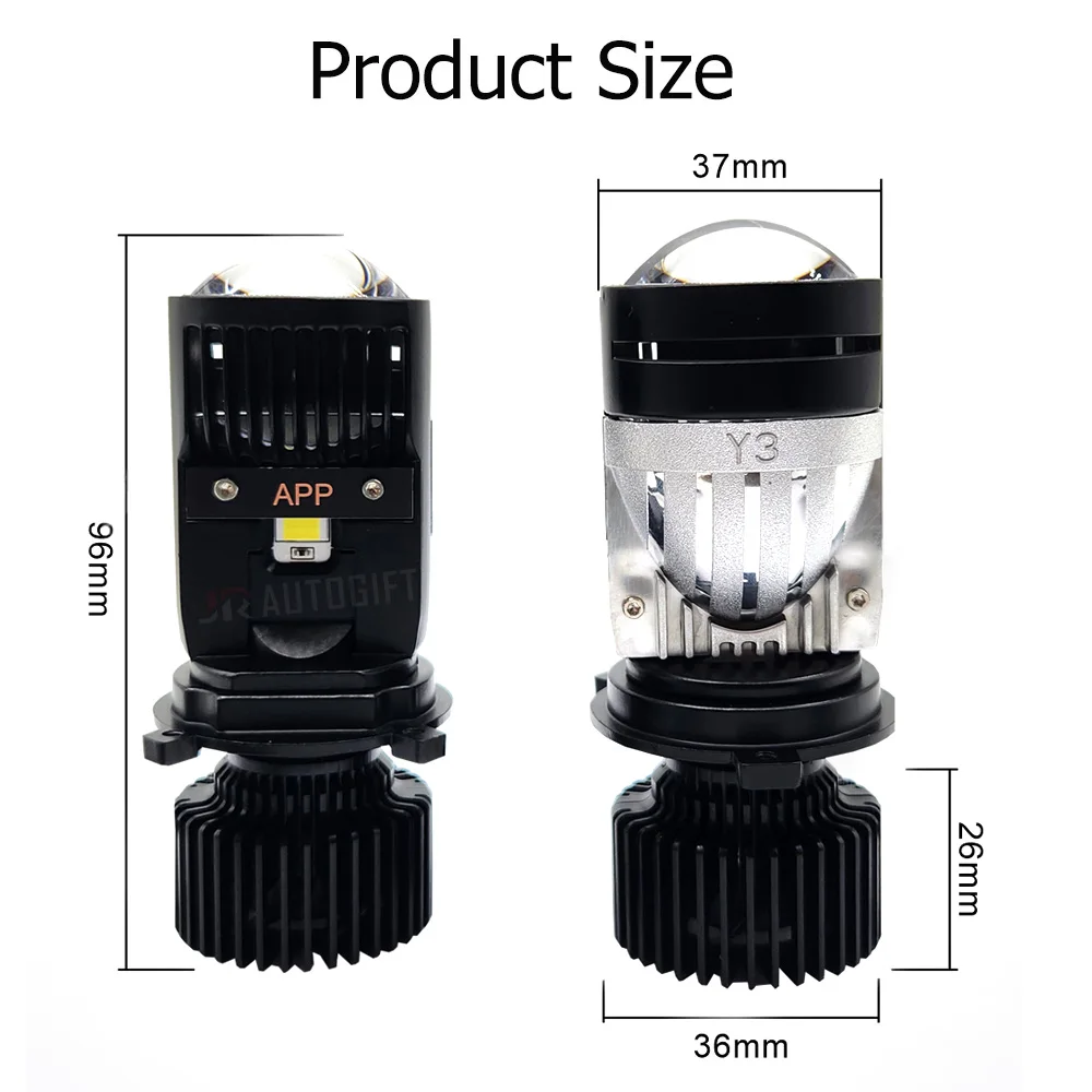 2PCS Y3 APP H4 LED 헤드라이트 자동차 H4 미니 프로젝터 렌즈 3000K-6000K 임의 조광 DIY 컬러 앱 제어 상향등/하향등 3색